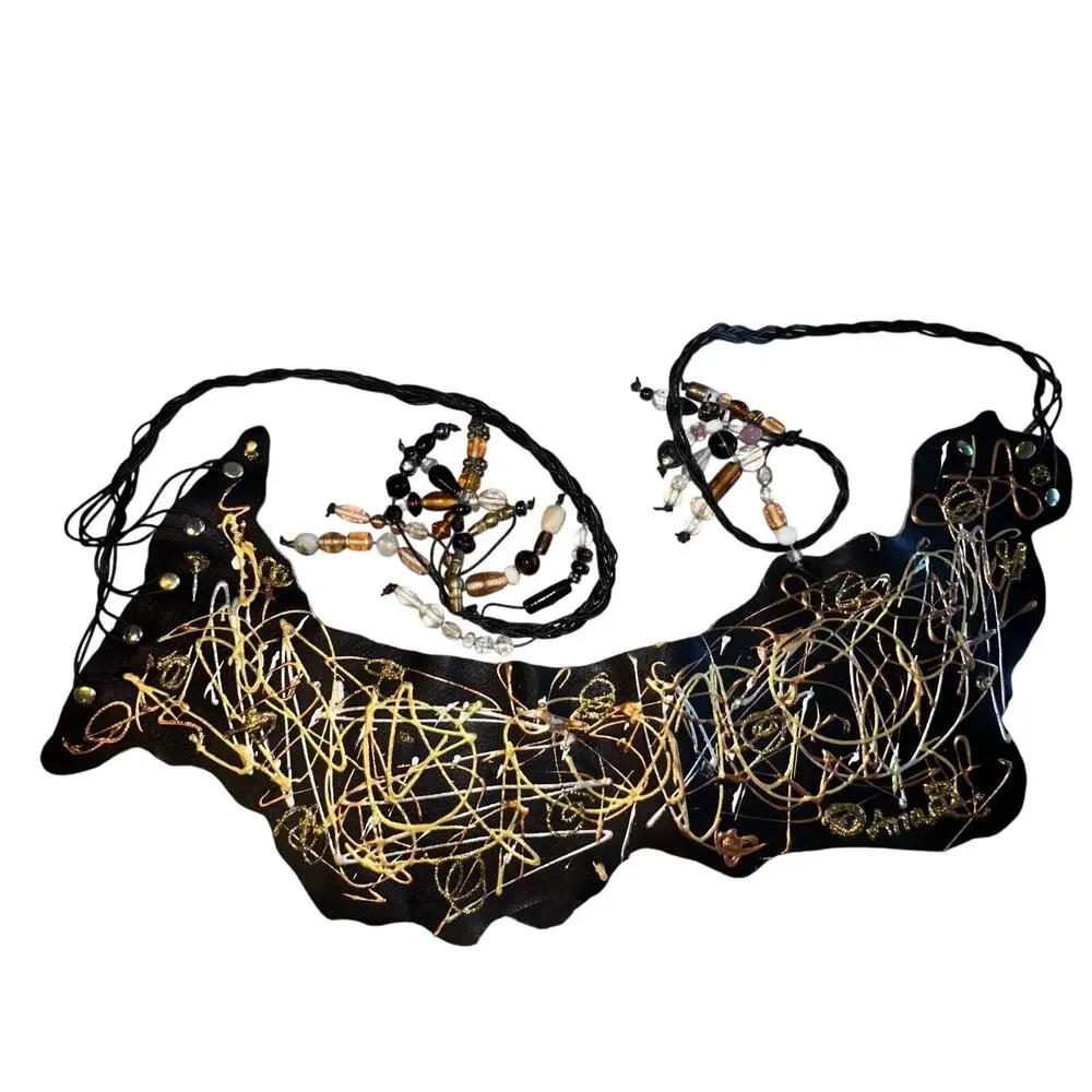 NEW Handmade GENUINE ITALIAN LEATHER Belt Sash Black Gold Silver Beaded OSFA‎
